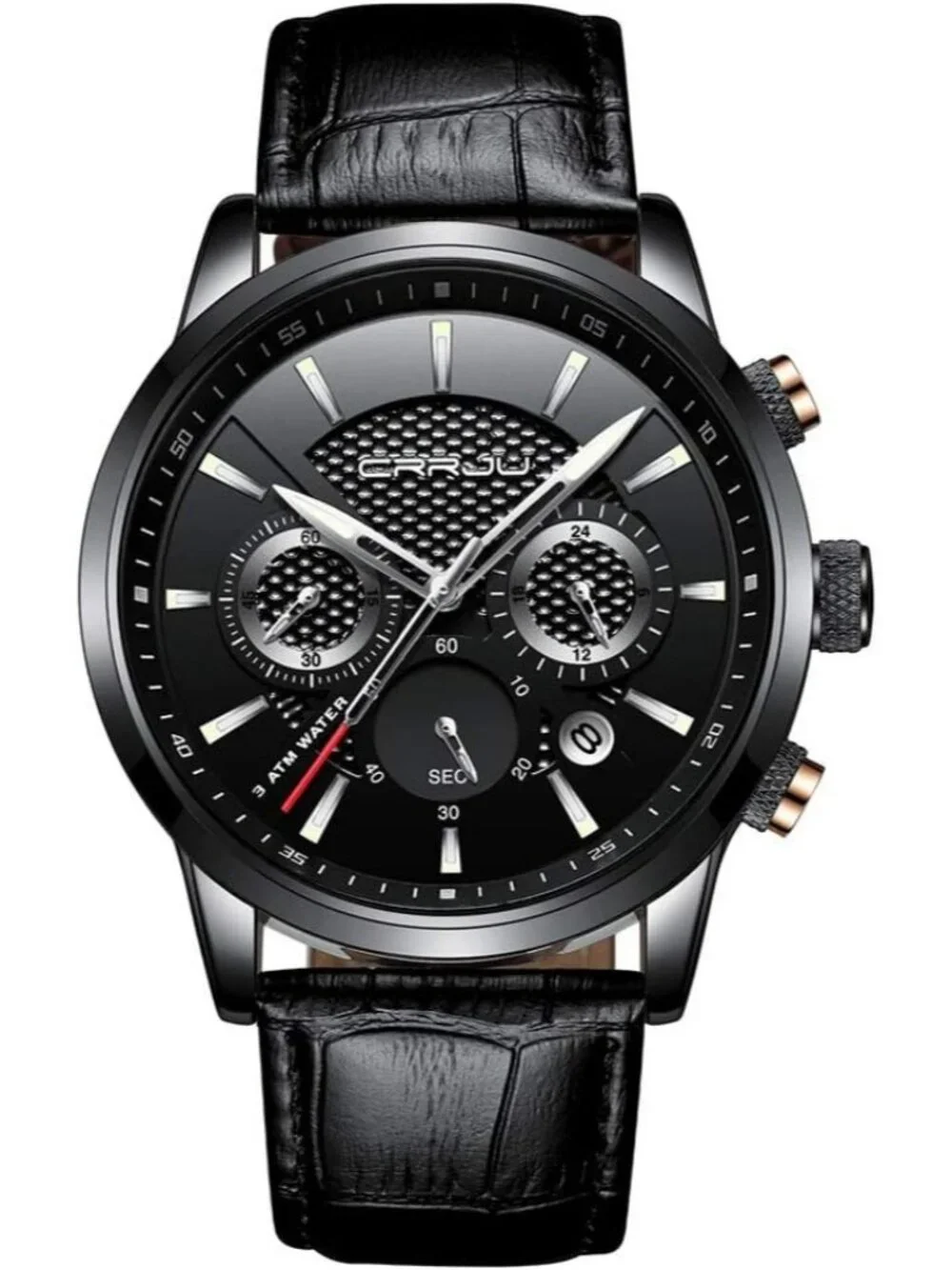Men's Black Silver Chronograph Leather Strap Quartz Waterproof Wrist Watch